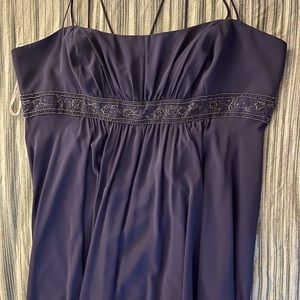 Navy organza bridesmaids dress. David’s Bridal